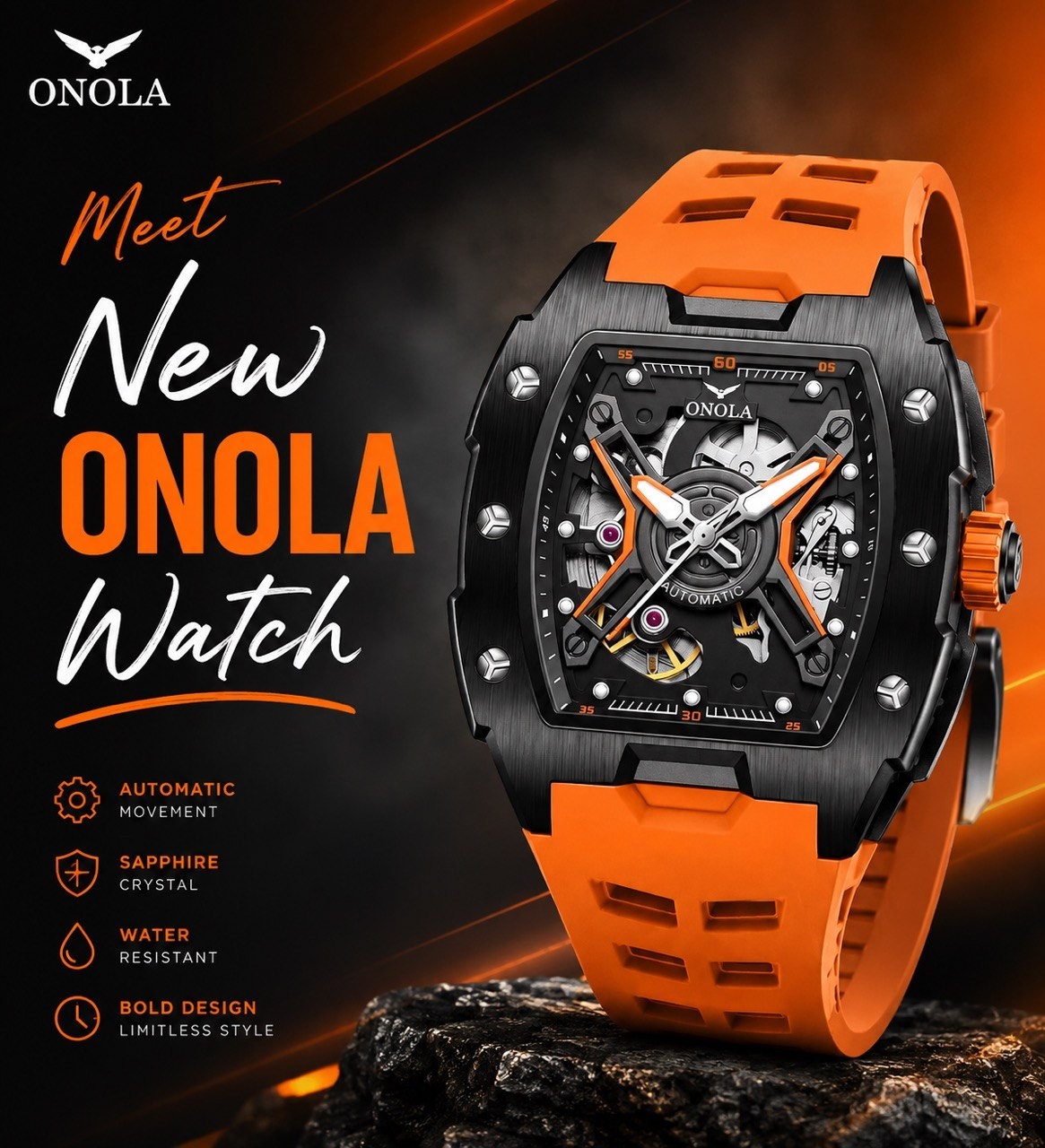 ONOLA Automatic Mechanical Mens Watch With A Silicone Strap And Water Resistance