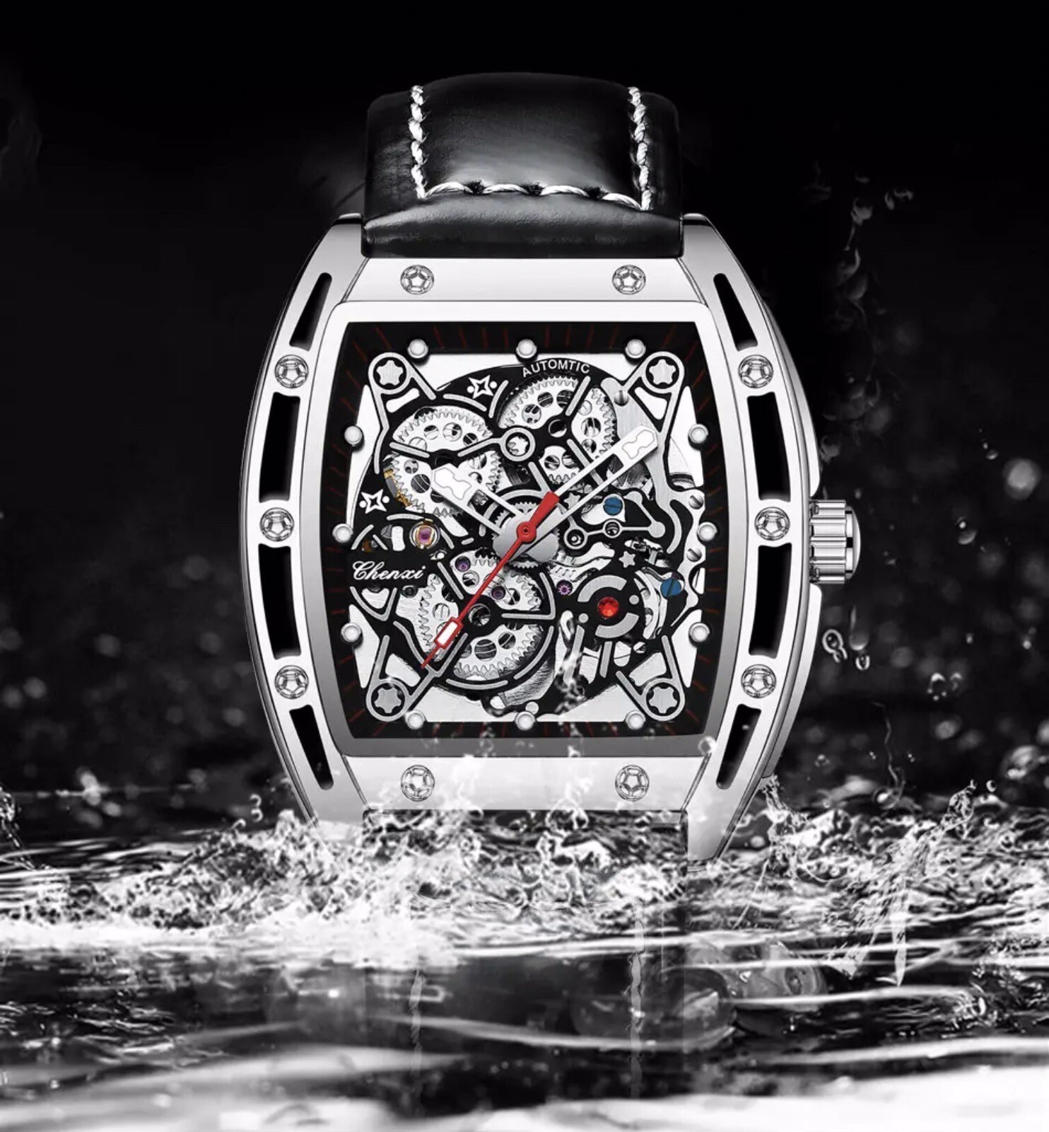 CHENXI Men’s Skeleton Automatic Mechanical Tonneau Shaped Watch Waterproof Gift