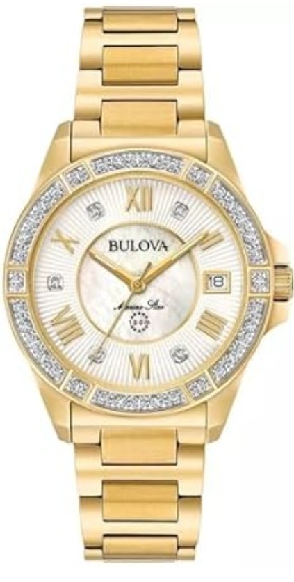 🔥 Bulova Marine Star 98R235 34mm Womens 29-Diamond MOP Date Gold Tone Watch NiB