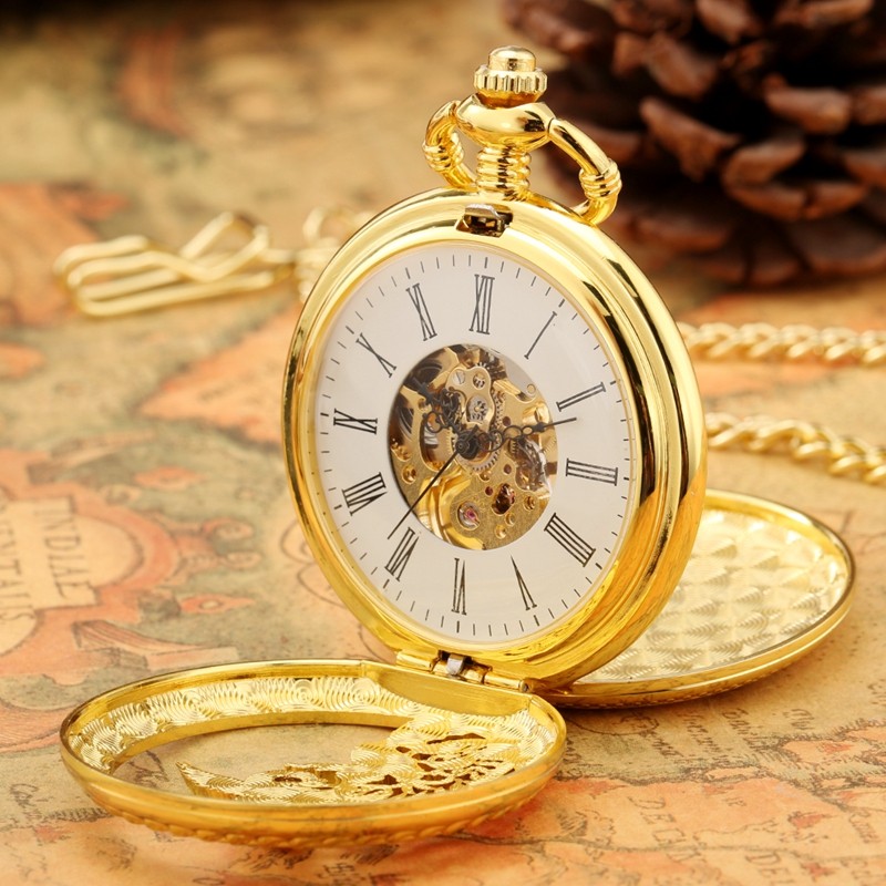 Bronze/Gold Mechanical Skeleton Pocket Watch Roman Numerals Dial with Chain Gift