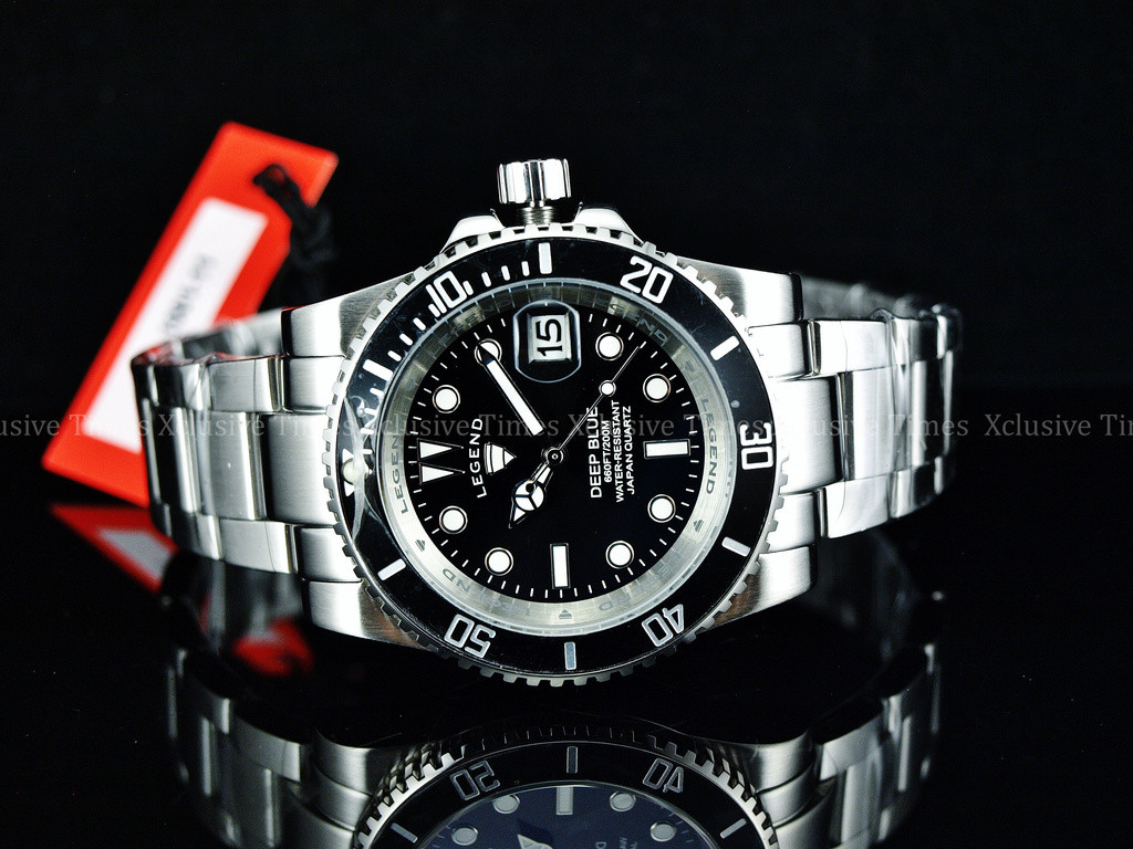 RARE Legend Men 200m Deep Blue Diver Midnight Black Dial Quartz SS Watch