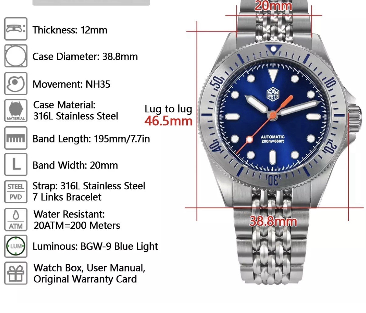 San Martin Automatic 38.8mm 20ATM Sapphire Seiko NH35 Automatic Blue