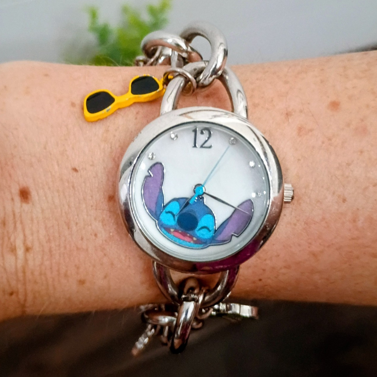 Disney Stitch Silver-Tone Charm Bracelet Analog Quartz Watch