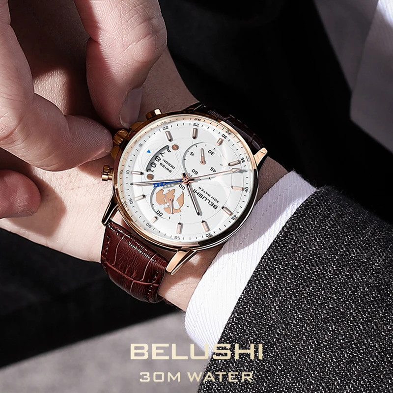 Waterproof Chronograph Quartz Leather Strap Leather Men’s Watches B-576