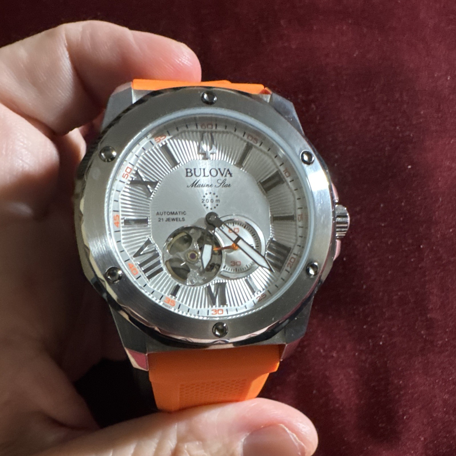 Bulova Marine Star Automatic 200m 21J Skeleton Diver Silver, Orange/Gray