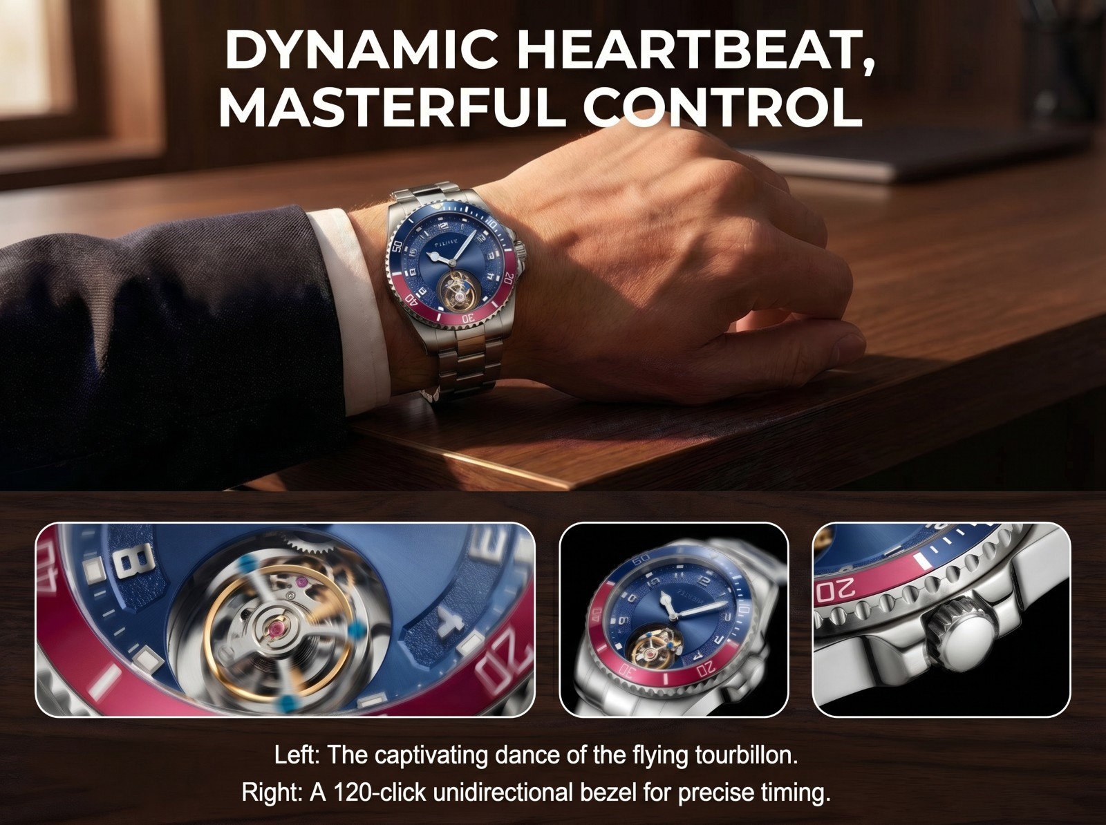 Men’s Genuine Flying Tourbillon Watch, Manual Winding Only, 42mm 316L Steel