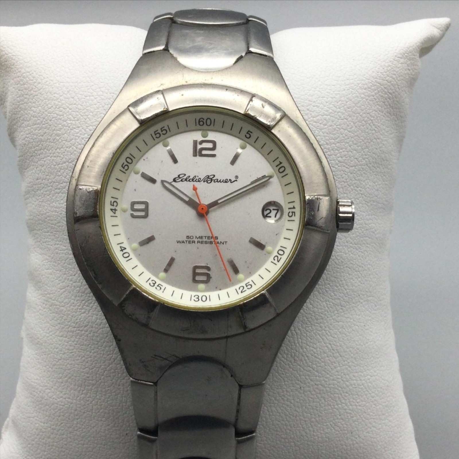 Vintage Eddie Bauer Classic Sport Mens Watch 39mm Silver Tone New Battery 8.25″
