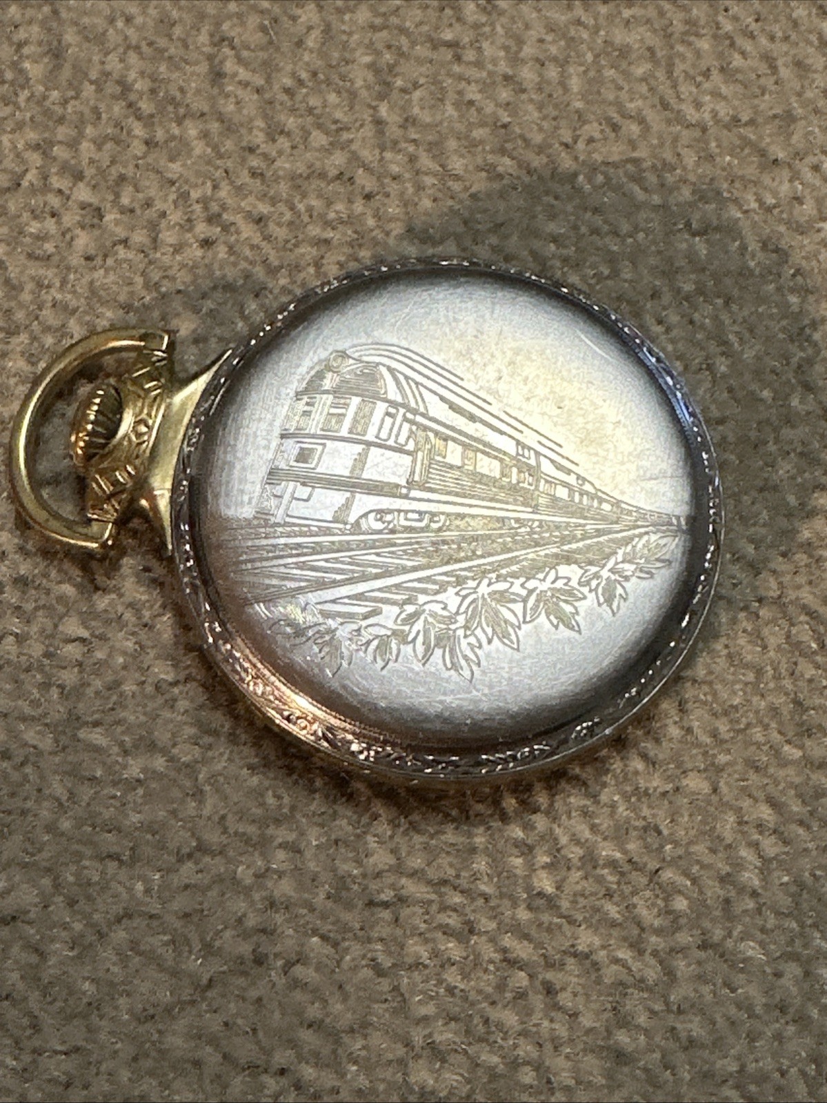 Defiance 416-Sz Silver & Gold tone Pocket Watch Case w/ Train Motif CASE ONLY