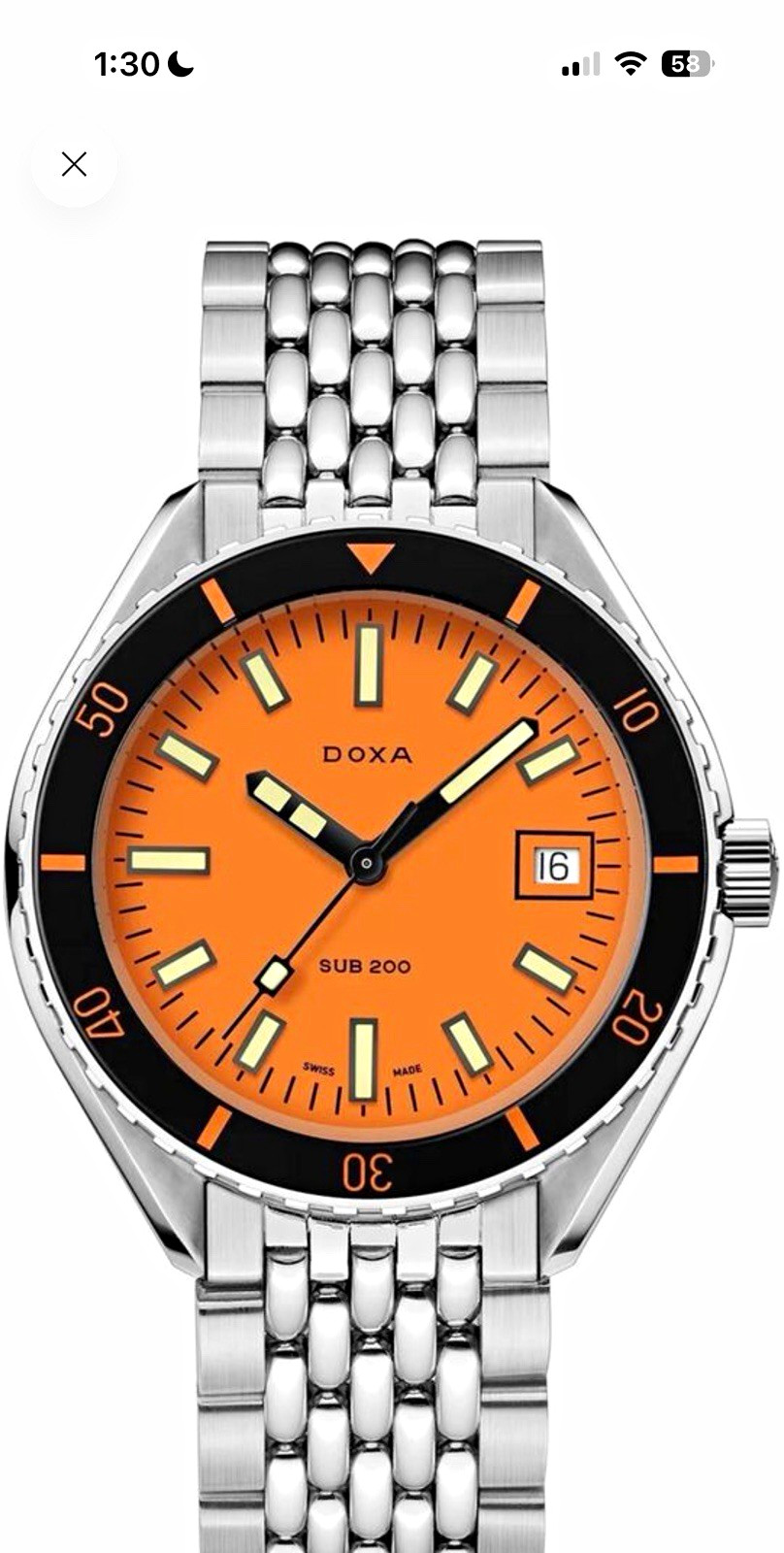 DOXA SUB 200 Diver Orange Dial Black Bezel Stainless Steel Bracelet Date