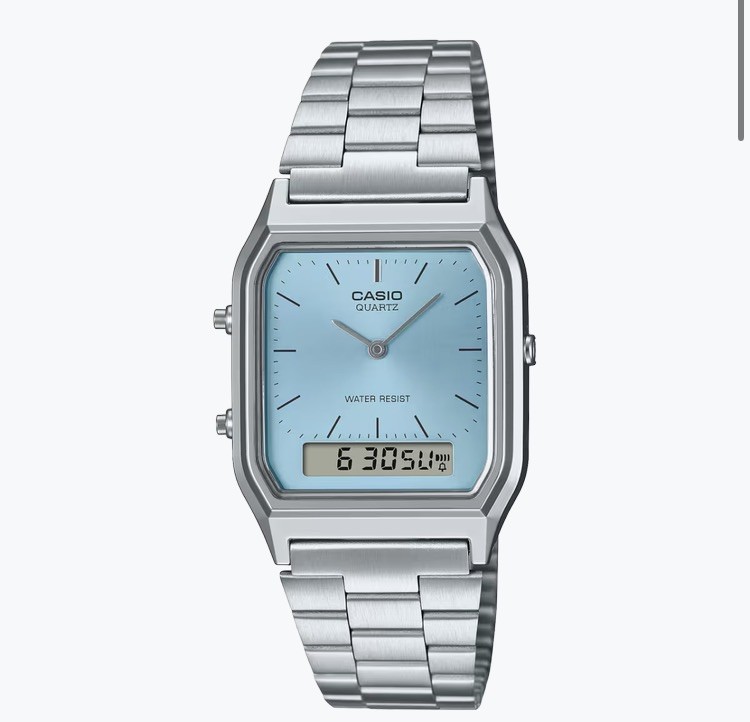 Casio Vintage AQ-230A-2A1MQY Ana-Digi Ice Blue Dial Steel Square Watch NEW