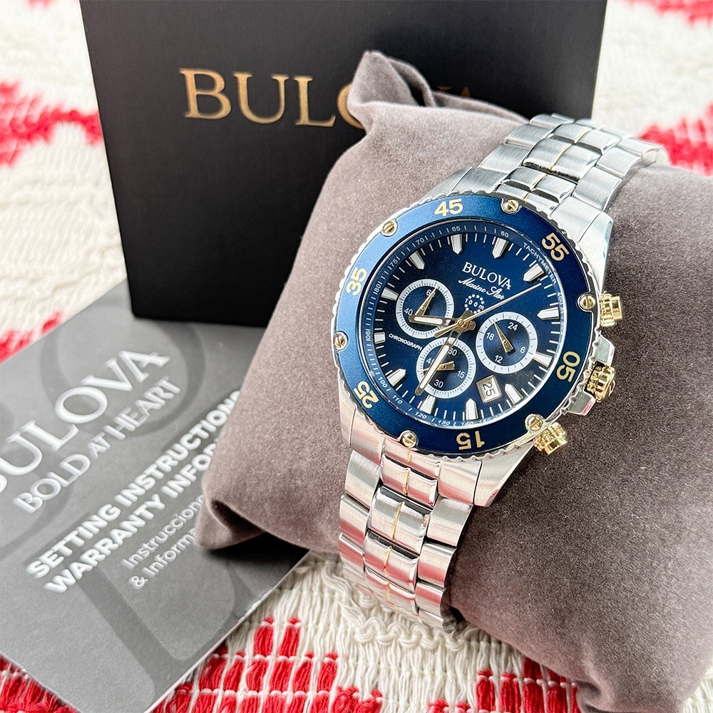 Bulova Marine Star 98B400 Men’s Blue Dial Steel Chronograph Quartz Watch 41.5mm