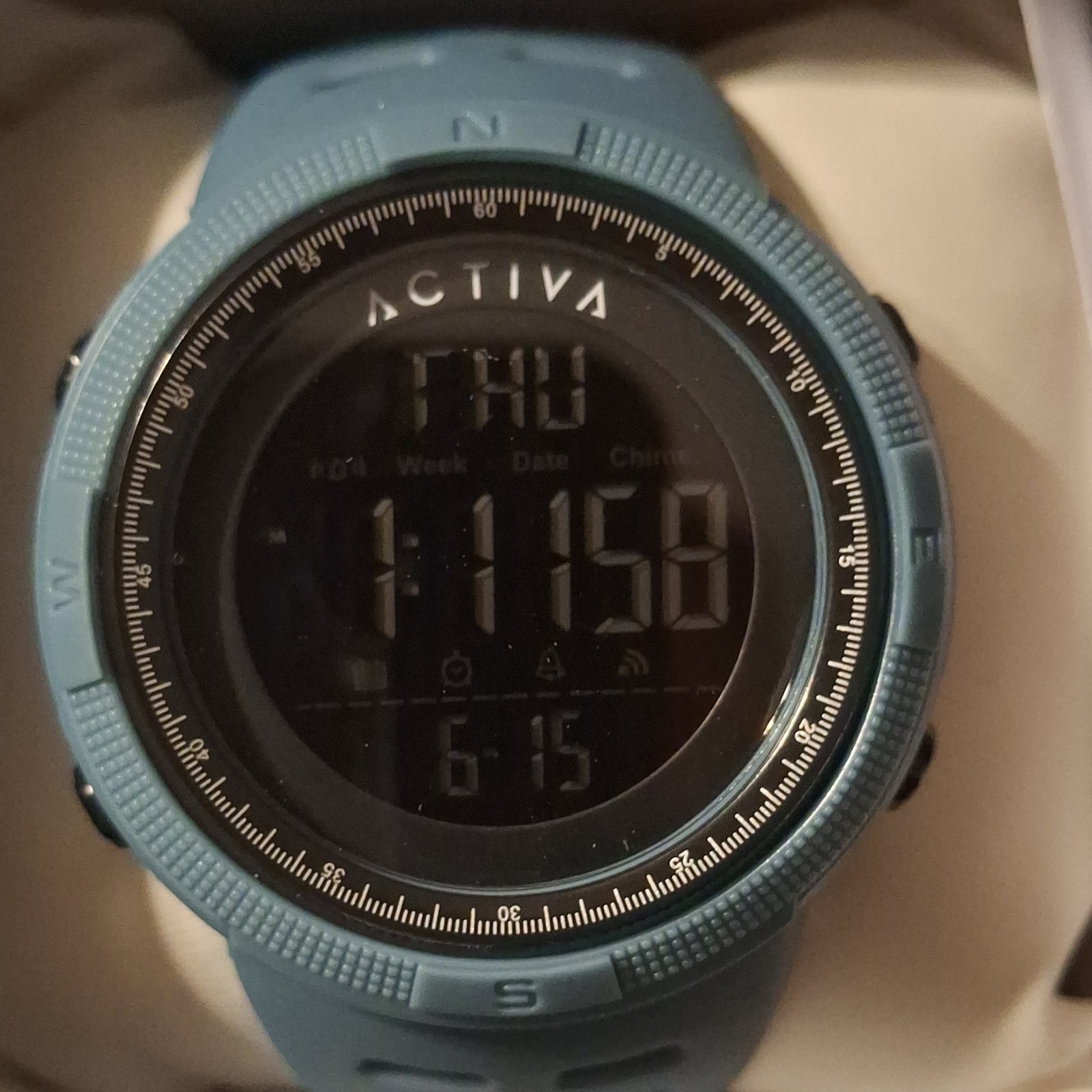 Activa Digital Quartz Wristwatch Blue Rubber Strap Alarm Day/Date Chime w/ Box