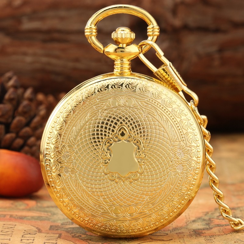 Bronze/Gold Mechanical Skeleton Pocket Watch Roman Numerals Dial with Chain Gift