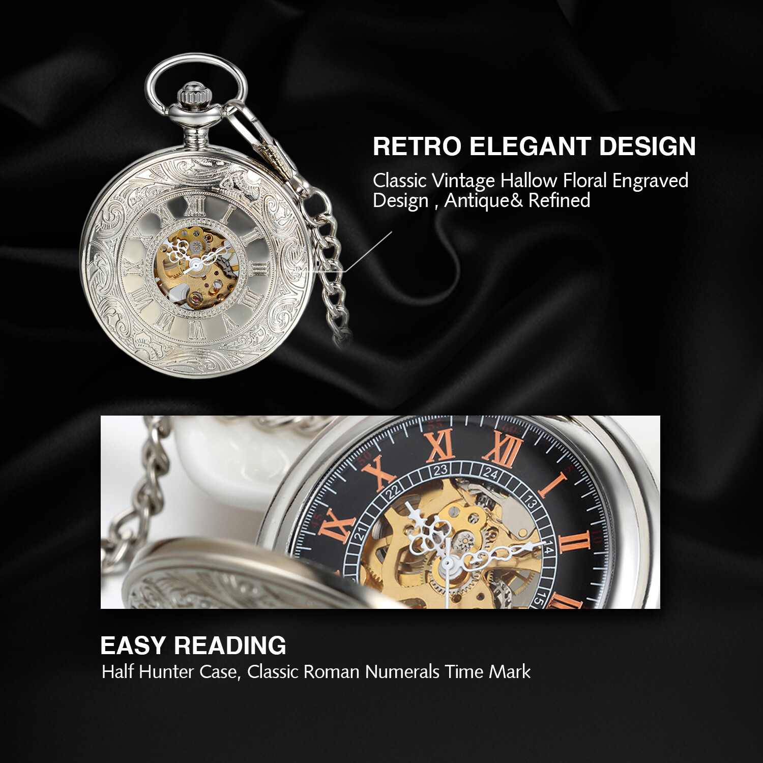 Portable Hand-winding Mechanical Skeleton Roman Numberals Carved Pocket Watch