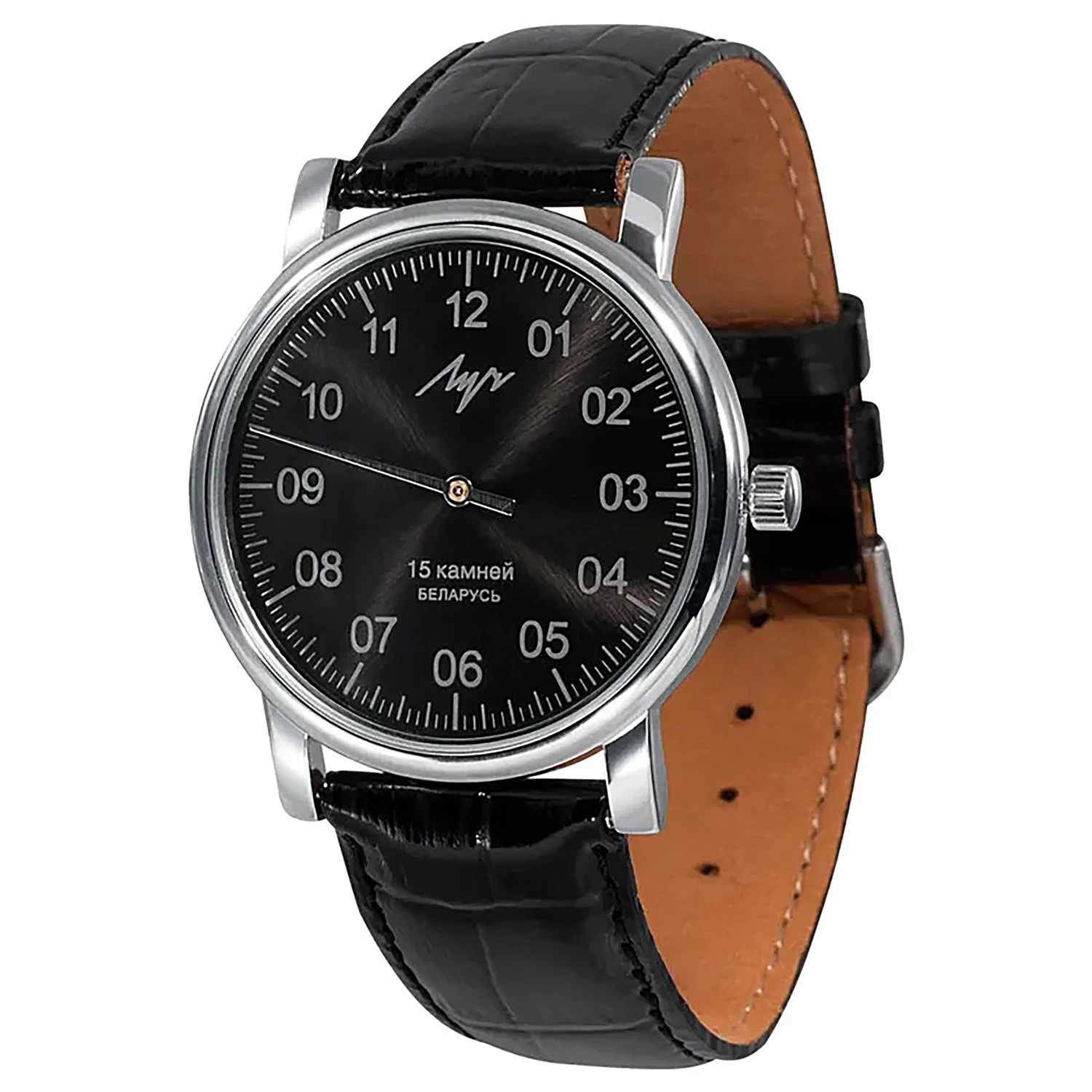 Luch One Hand 77471760 36mm White Chrome Case with Black Leather Band Men’s…