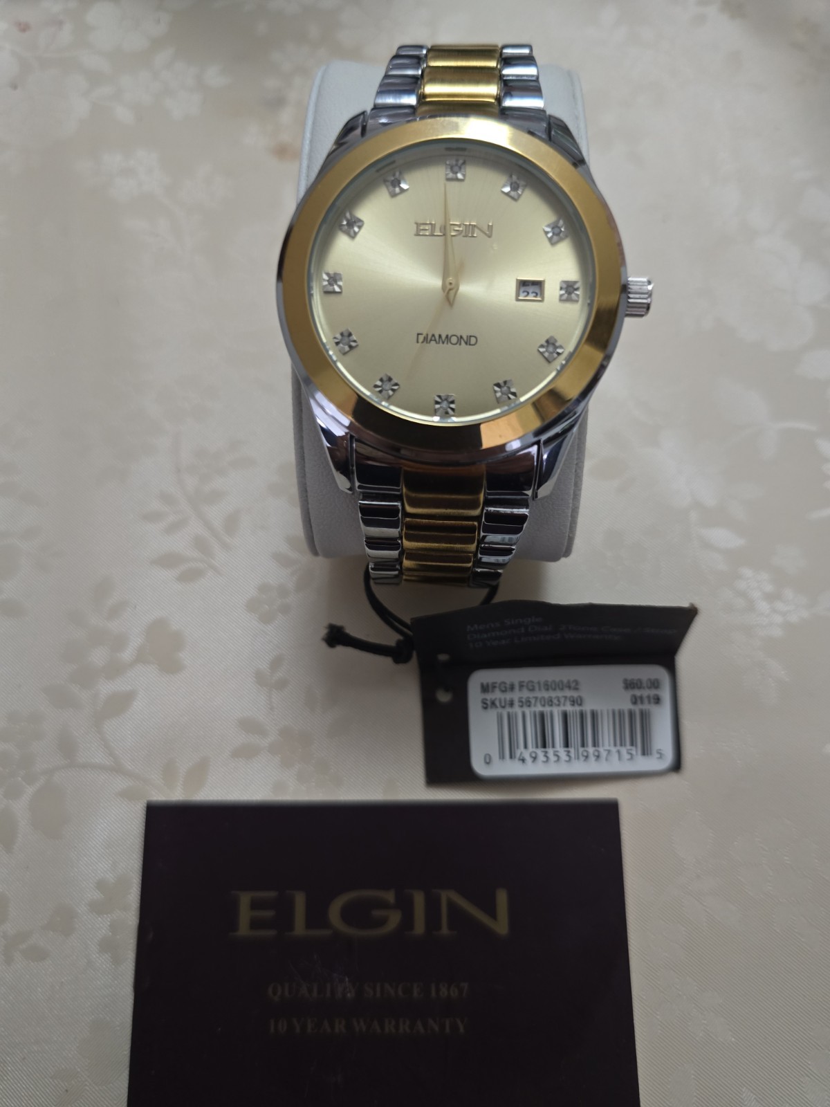 Elgin Men’s 44mm Diamond Marker Quartz Wristwatch Two Tone Metal Bracelet Analog