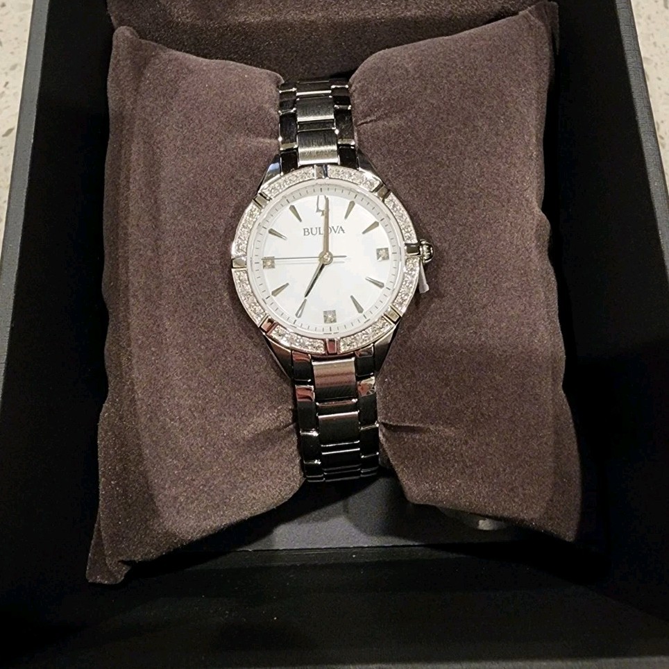 Bulova Women’s Diamond Stainless Steel Quartz Wristwatch White Dial Original Box
