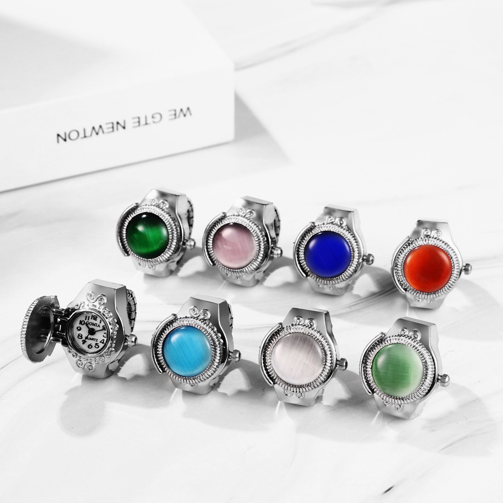 Creative Finger Ring Quartz Watch Charm Opal Inlay Stainless Steel Elastic Band