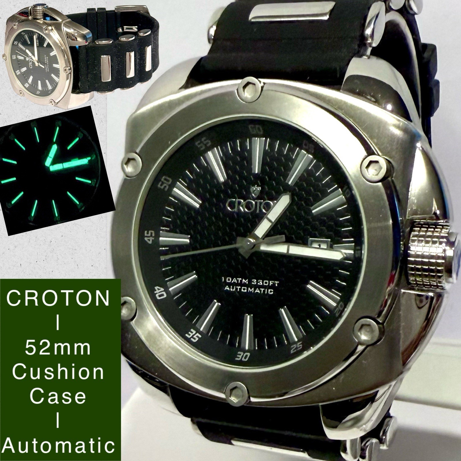 52mm Auto Slvrtn & Black Silicone Strap | Cushion Case | Black Dial CROTON Watch