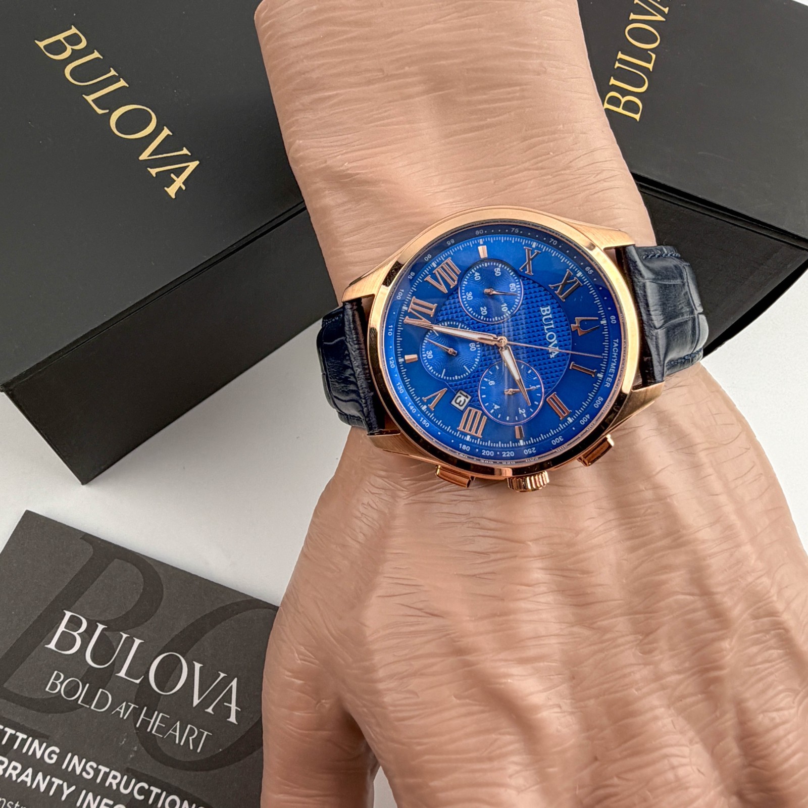 Bulova Classic 97B170 Wilton Blue Dial Chrono Leather Strap Men’s Watch 46mm