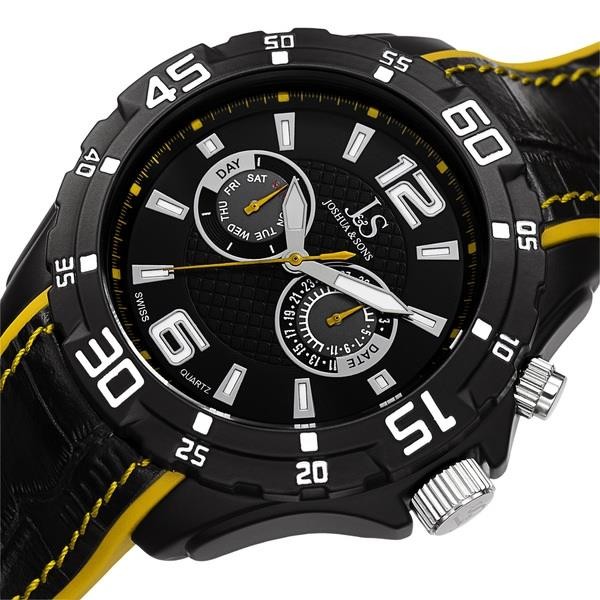Joshua & Sons JS79YL Swiss Quartz Day Date Leather Rubber Strap Mens Watch