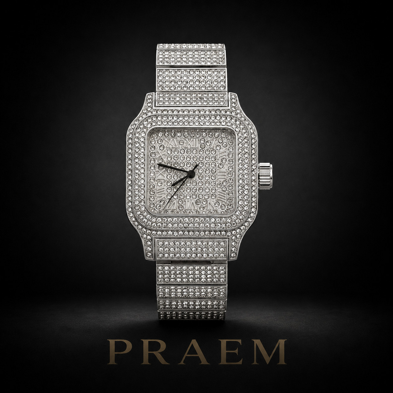 PRAEM Men’s Silver Plated Iced CZ Square Metal Band Watch