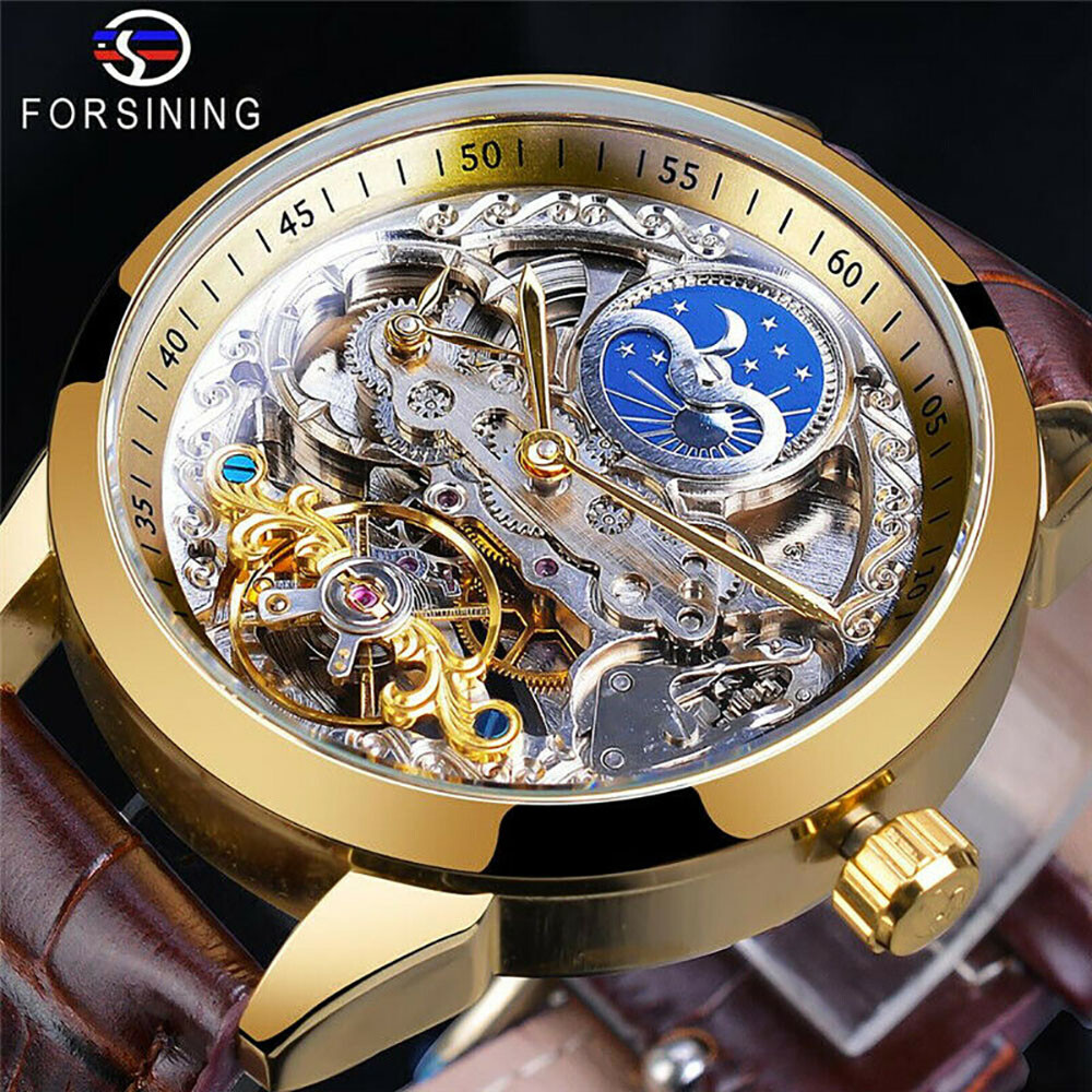 Forsining Men Tourbillon Moon Phase Watches Luxury Carved Skeleton Wristwatch