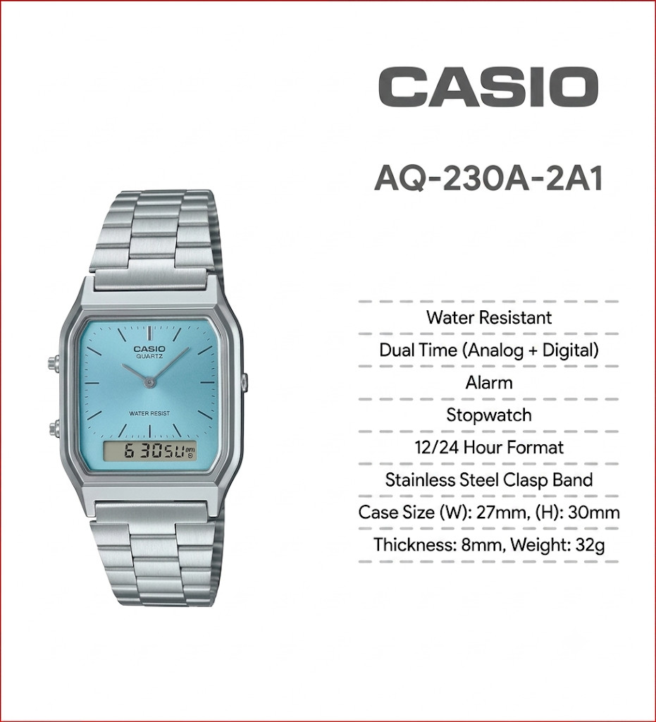 Casio AQ-230A-2A1MQY Dual Time Retro Digital Watch Blue Dial