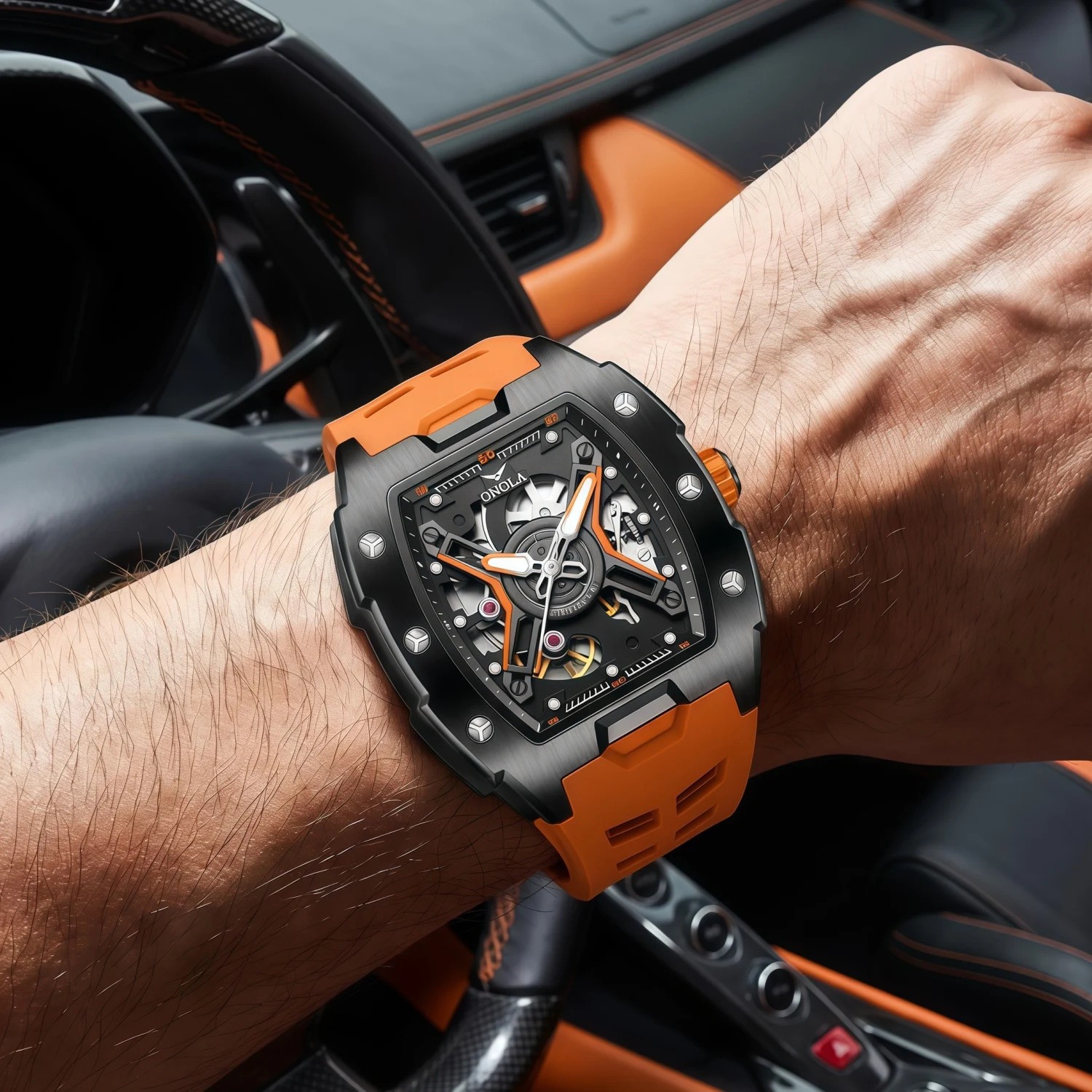 ONOLA Automatic Mechanical Mens Watch With A Silicone Strap And Water Resistance
