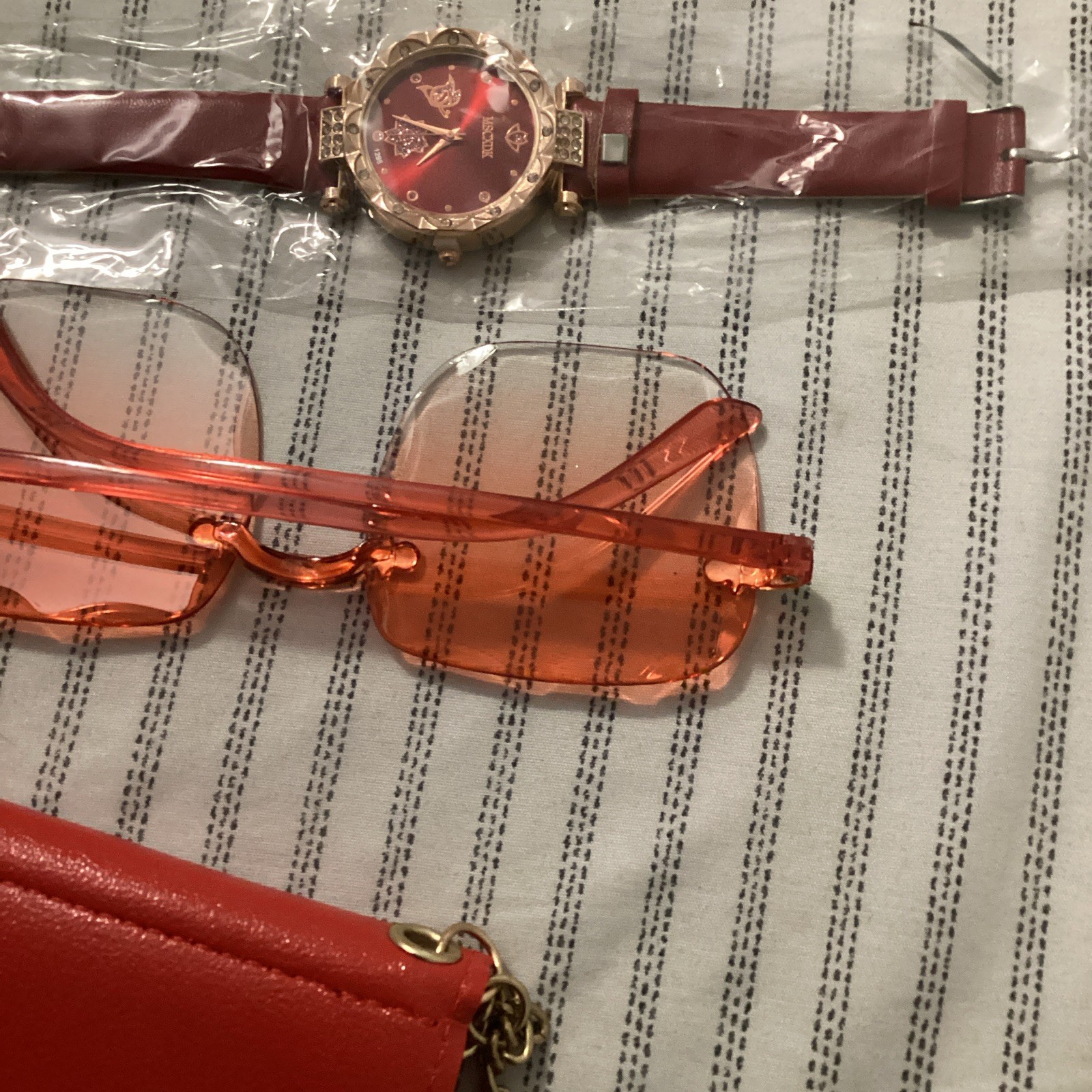 Women’s Analog Wristwatch Red Dial, Red Faux Leather Strap, Gold Case