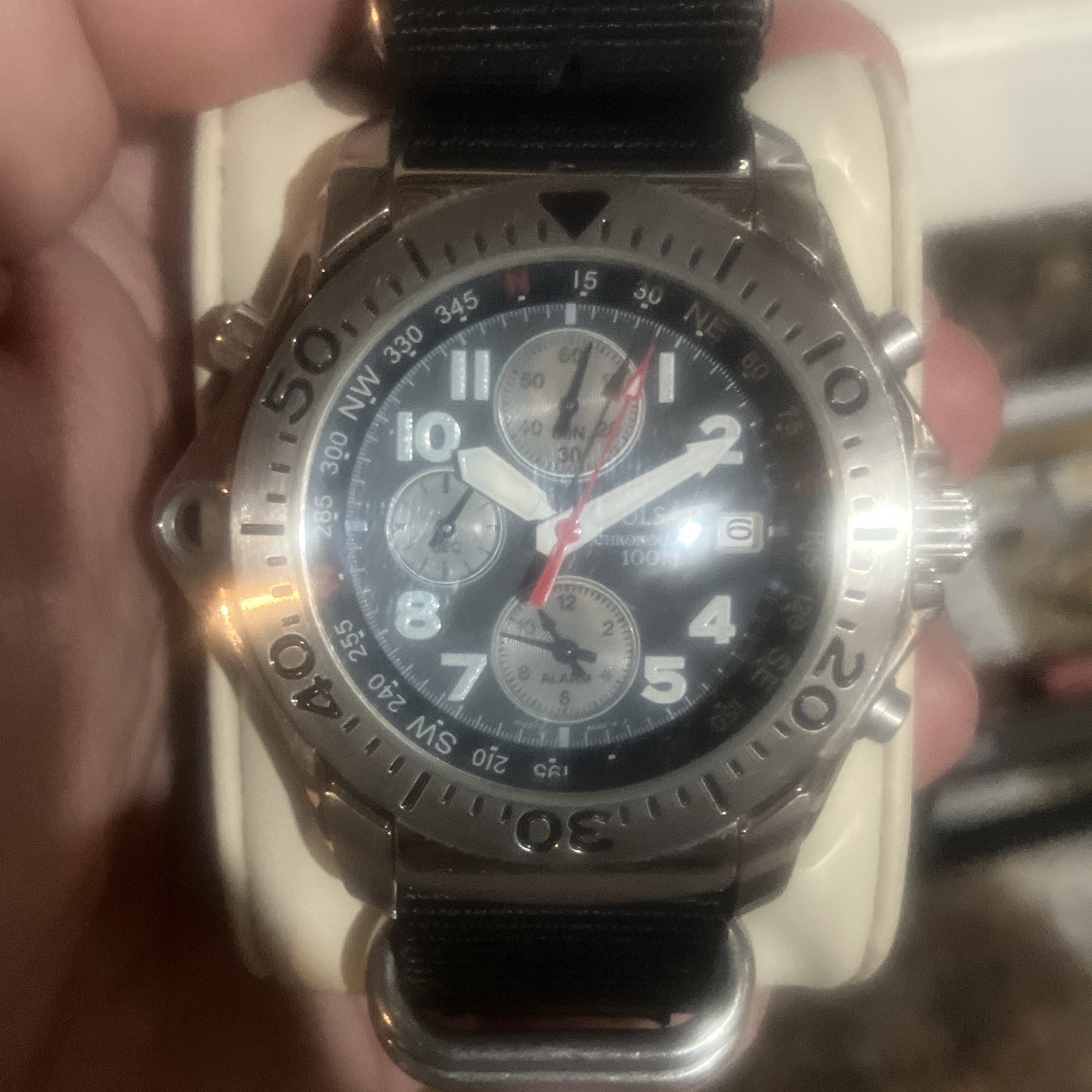 Seiko Mens Quartz Chronograph Date 100m Black Dial Silver SS Black Nylon