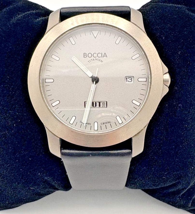 Boccia Titanium Mens Watch Day Date Sapphire Crystal 10 Bar Leather Band