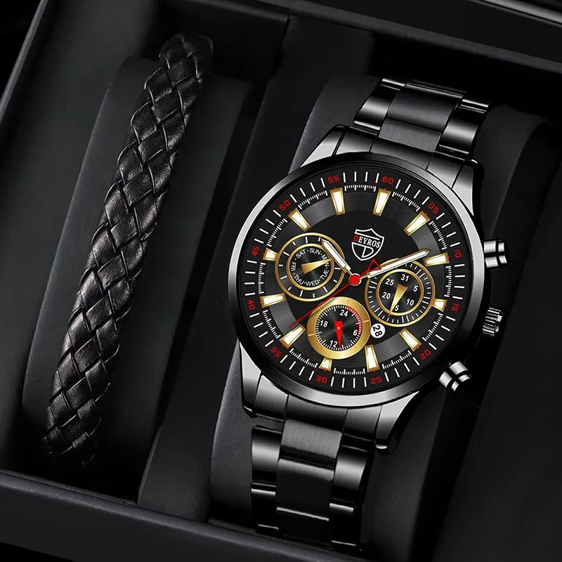 Men’s Stainless Steel Quartz Watch with Luminous Date and Leather Bracelet