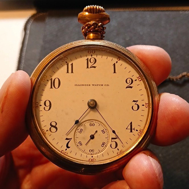 Illinois Watch Co. 15J Mechanical Open Face Pocket Watch Gold Filled White Dial