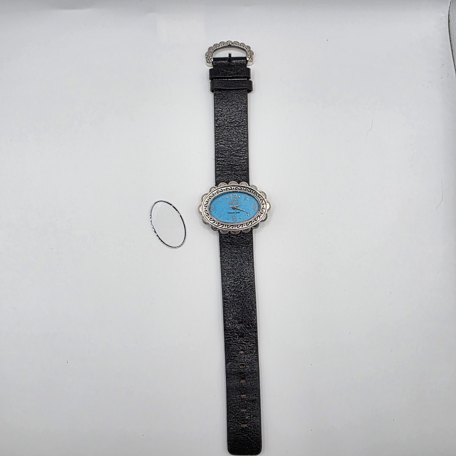 Ecclissi Sterling Silver Turquoise Watch Black Leather Southwestern AS IS Repair