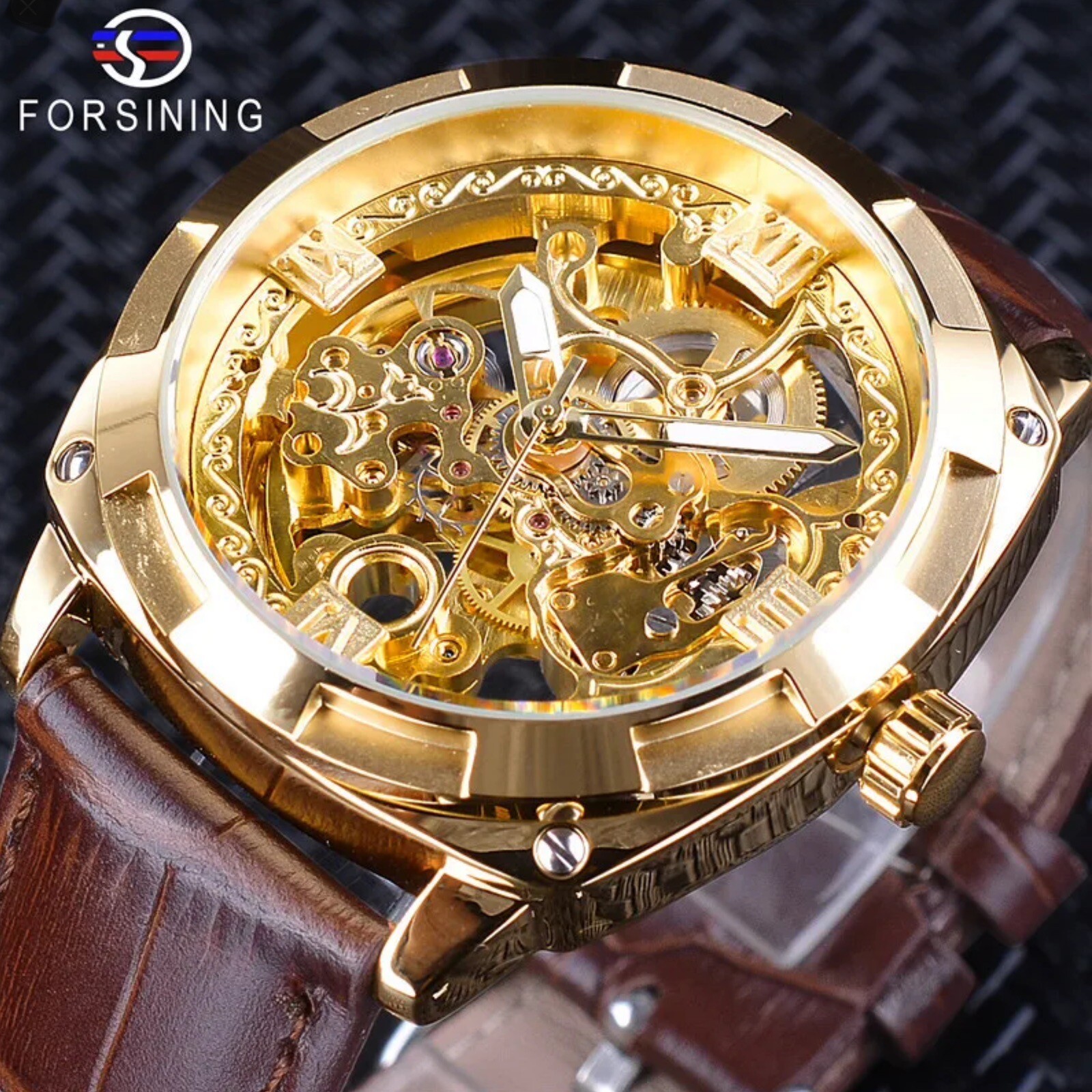 Forsining Mens Skeleton Mechanical Waterproof Luxury Watch Leather Gift Idea