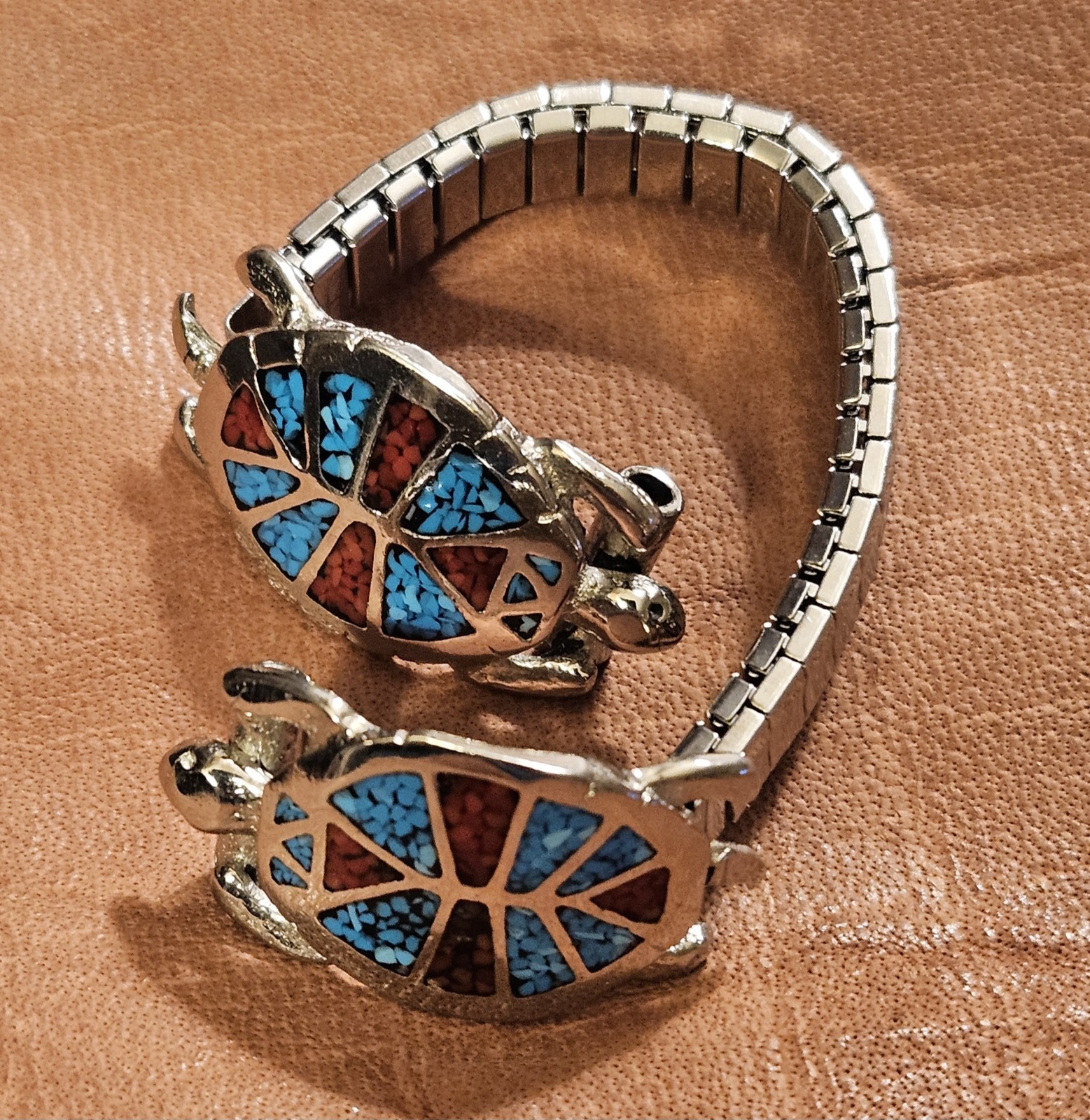 *HTF* Vintage 4-1/2″ Sterling Silver Turquoise & Coral Turtle Watch Tips Band