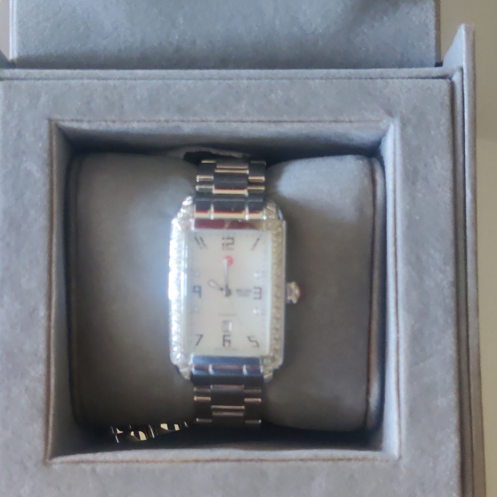 MICHELE Deco Women’s Swiss Quartz Diamond Bezel White Dial Watch w/ Box