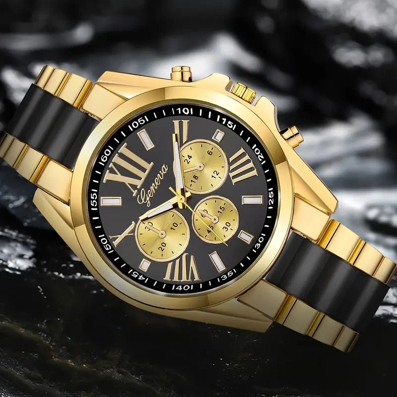 Men’s Luxury Golden-Tone Retro Quartz Watch Roman Numerals – Elegant Casual Watc