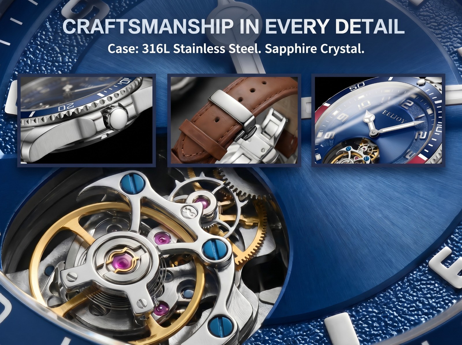 Men’s Genuine Flying Tourbillon Watch, Manual Winding Only, 42mm 316L Steel