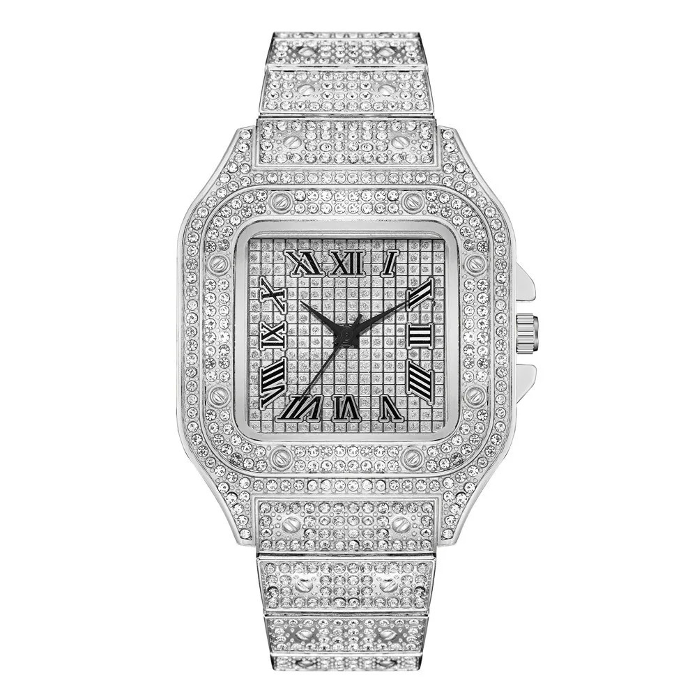 Classic Luxury Business Men’s Steel Strap Square Roman Scale Rhinestone