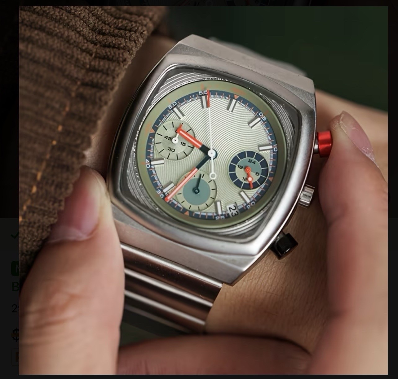 Chronograph Casual Wristwatch Date Green Dial Stick Indexes Cushion SS Bracelet