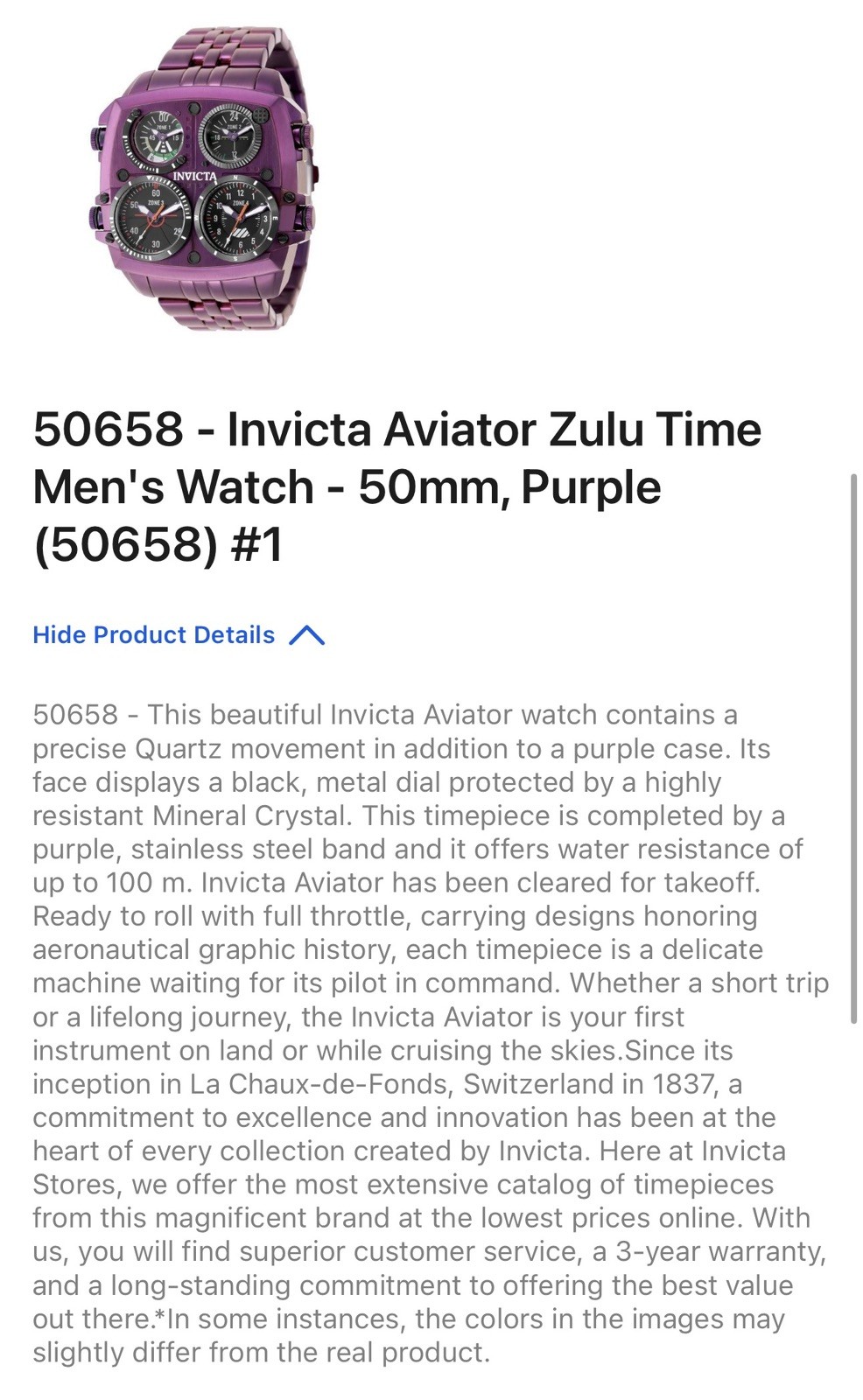 🔥NEW🔥Invicta Aviator ZULU TIME 4 Time Zone Pilot Men’s Watch 50mm Purple 50658