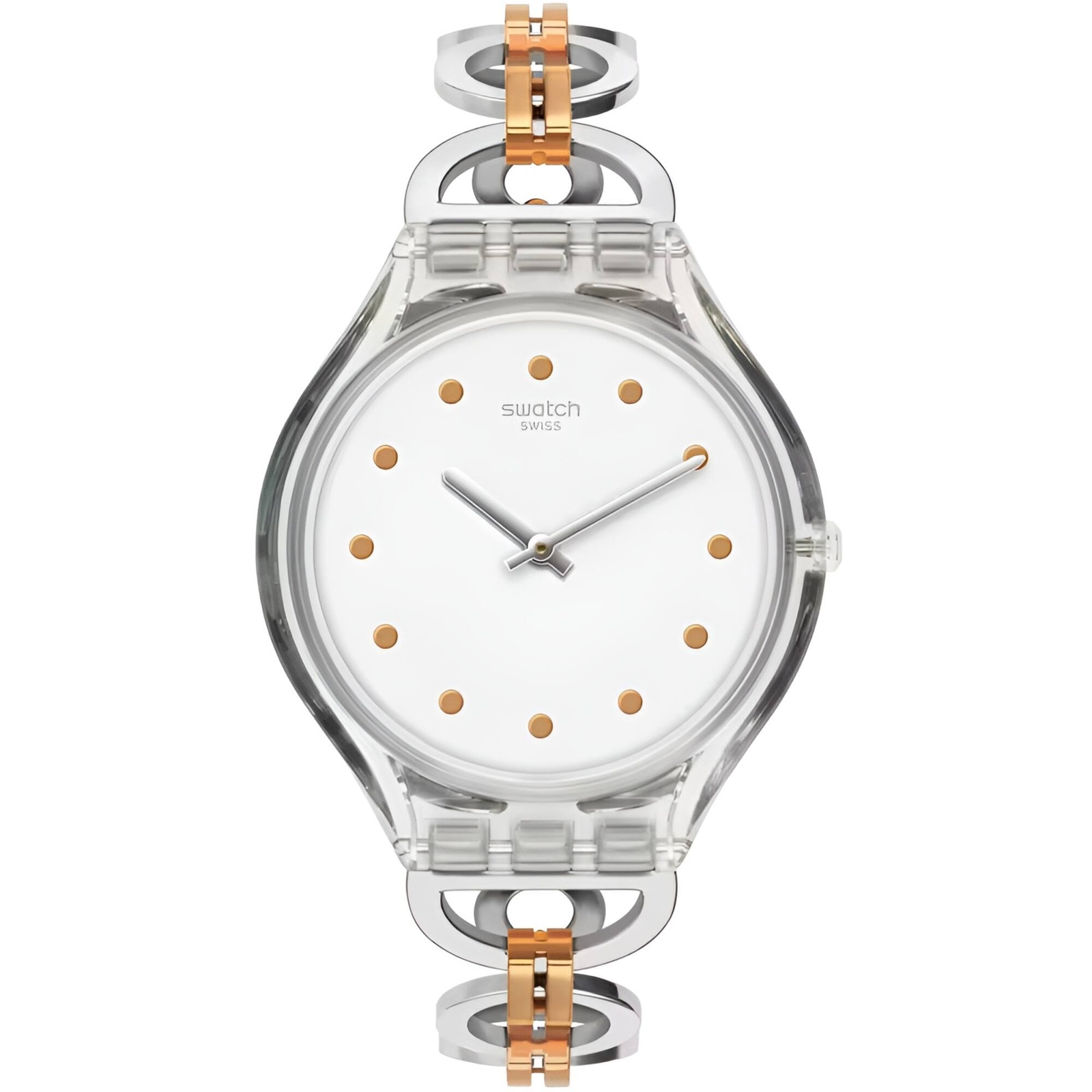 Swatch Women’s Watch Skin Skinring White Dial Two Tone Steel Bracelet SVOK102G