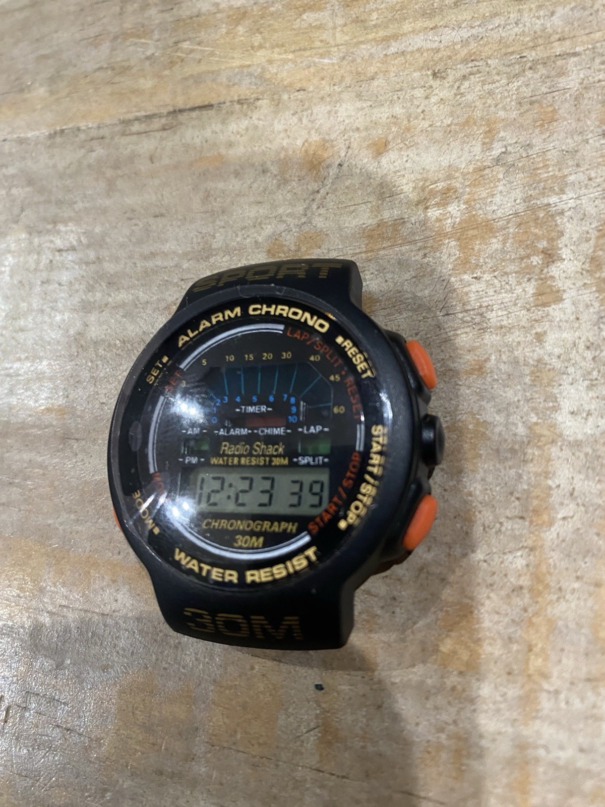 Vtg Radio Shack Sports Watch Mens Black And Orange Tone Chronograph 63-5080