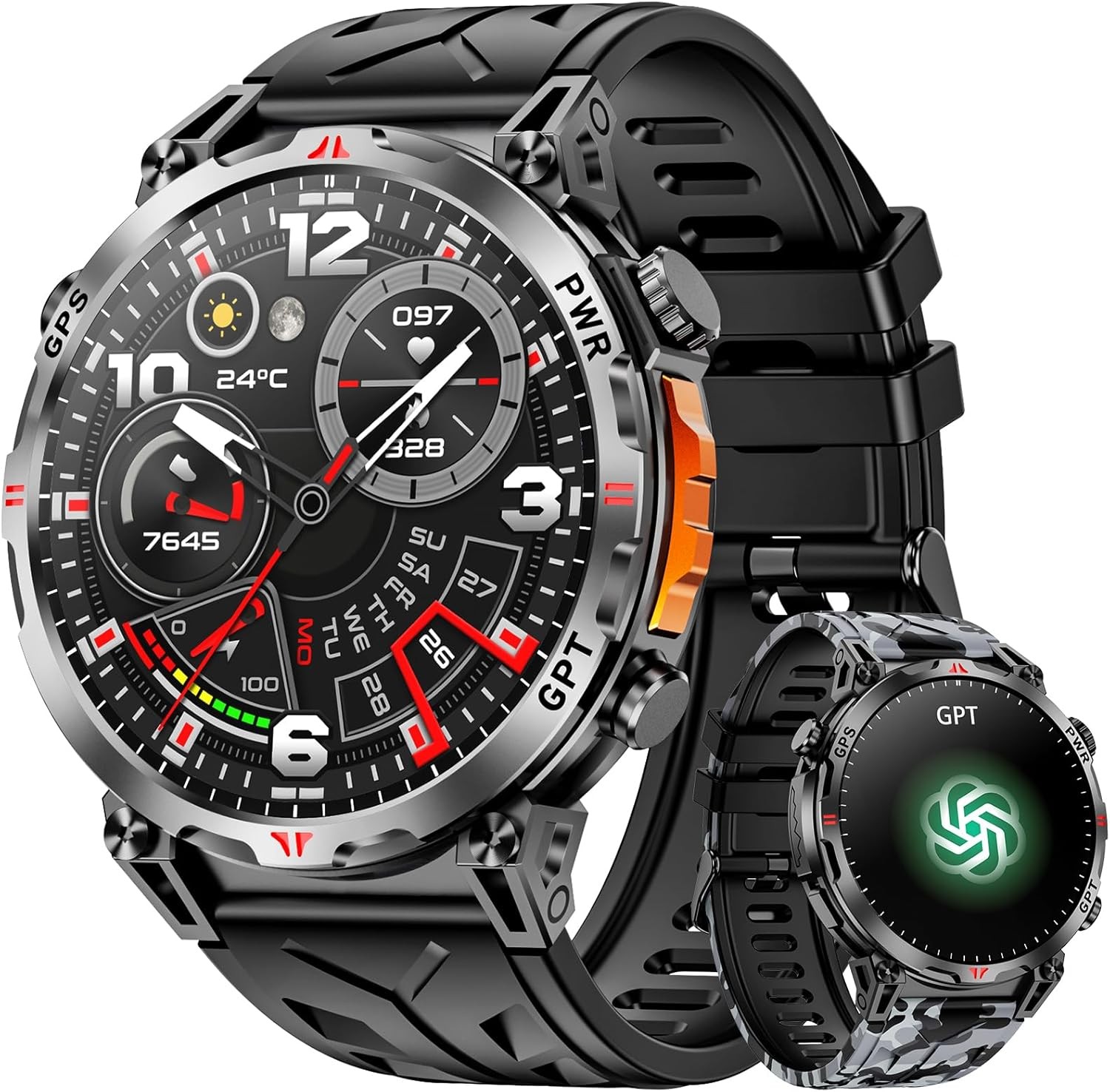 Military Smart Watches for Men with GPS/Compass,GPT Voice Assistant,1.56″ Black