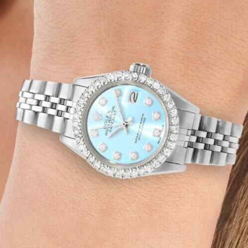 Rolex Datejust Custom Jubilee Band Diamond Bezel Light Blue Dial 26mm Watch