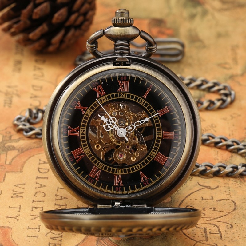Bronze/Gold Mechanical Skeleton Pocket Watch Roman Numerals Dial with Chain Gift