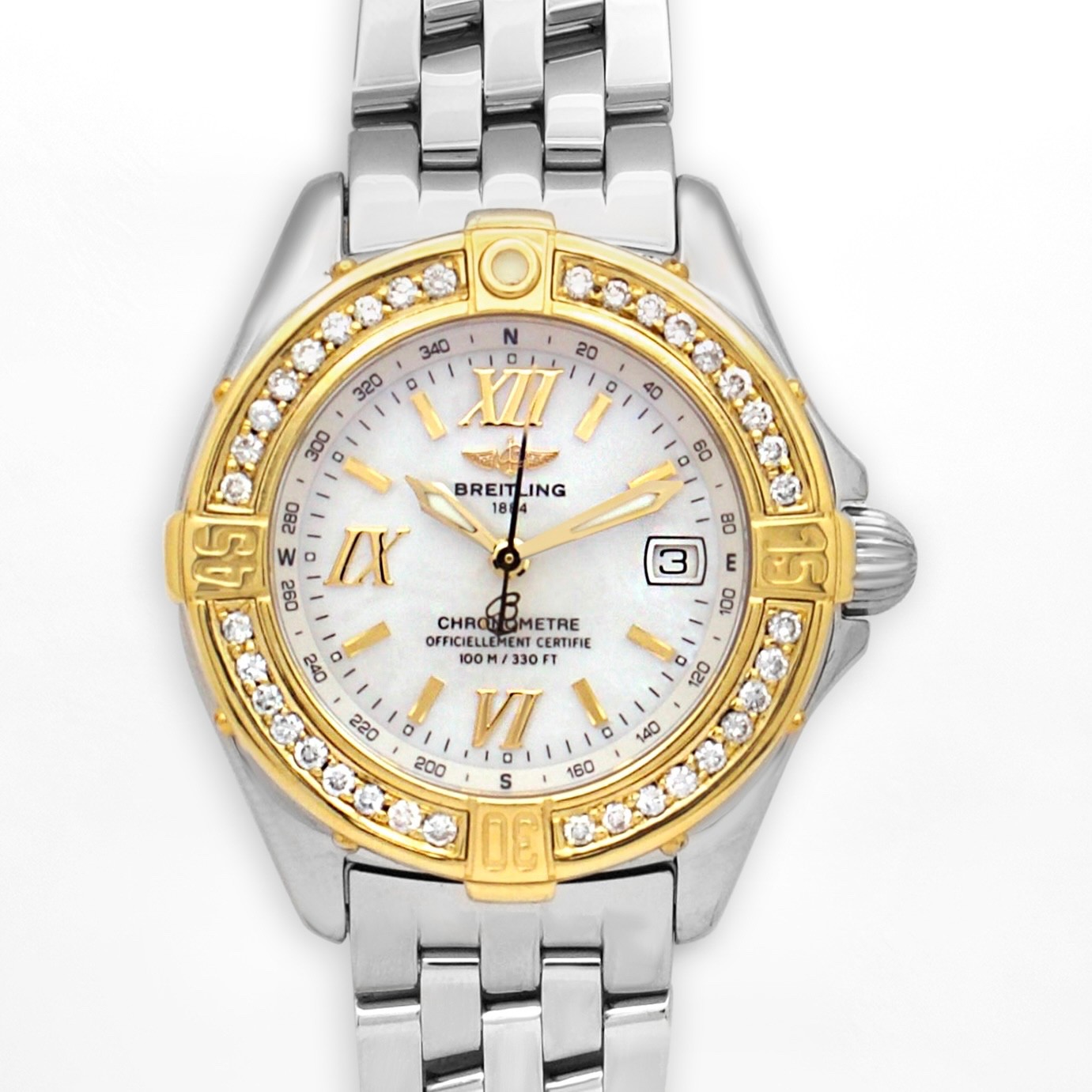 Breitling B-class D71365 Quartz 31 MOP Dial Date Custom Dia YG Bezel SS Watch .P