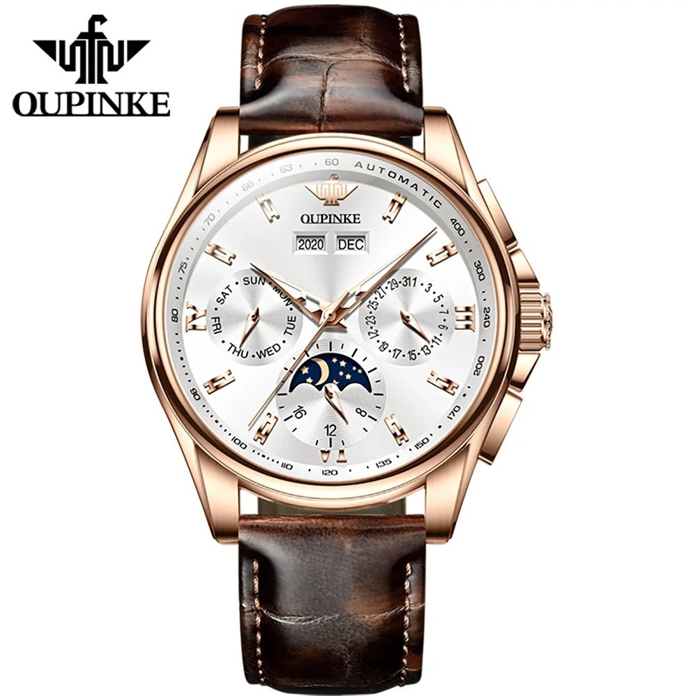 Automatic Mechanical Watch Waterproof Moon Phase Luxury Dial Men’s Men Strap